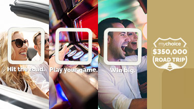 Three images of a person driving, someone playing slots and someone winning a jackpot.